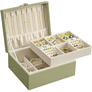 SONGMICS Schmuckkästchen 2 Ebenen, mit Metallgriff, 23,9 x 20 x 11,2 cm | Schmuckkasten, flexibles Schmucktablett, mit Griff, Geschenkidee, Salbeigruen und Cremeweiss, GREETA Kollektion JBC165C02