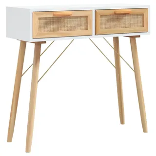 vidaXL Konsolentisch Weiß 80/30/75 Cm Massivholz Kiefer Natur-Rattan , Holz , Rechteckig,Rechteckig , Säule , 30x75x80 cm , Wohnzimmer, Wohnzimmertische, Konsolentische