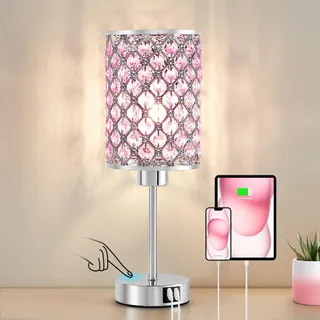 GyroVu Moderne Tischlampe & Nachttischlampe, Dimmbare Kristall Touch-Lampe mit USB A+C Ports, Rosa Kleine Beleuchtung für Wohnzimmer & Schlafzimmer (Buld Enthalten)