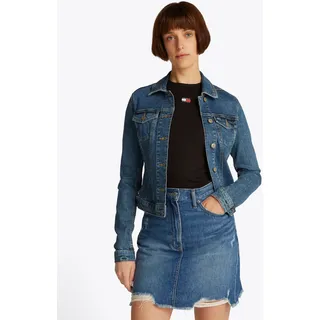 Jeansjacke TOMMY JEANS "VIVIANNE SKN JACKET EXT BI8130", Damen, Gr. S (36), blau (denim medium), Denim/Jeans, Obermaterial: 99% Baumwolle, 1% Elasthan, unifarben, skinny fit kurz, Ärmel mit Ärmelschlitz 1-Knopf-Manschette, Jacken Jeansjacke, mit Logo-Badge