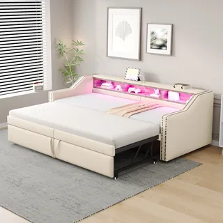 Flieks Polsterbett Schlafsofa 90x200cm/180x200cm, Tagesbett Daybed mit Unterbett, Holzbett Sofabett mit USB und LED, Funktionsbett Leinen, Beige - Beige