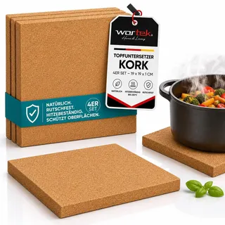wortek Topfuntersetzer Kork Untersetzer Topf – 4er Set Korkuntersetzer eckig, 19cm Durchmesser - Raclette-Untersetzer Topfuntersetzer hitzebeständig Topf Kork