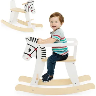 COSTWAY 2 in 1 Zebra Schaukelpferd, Schaukeltier aus Holz mit abnehmbaren Zäunen & Rückenlehne, Schaukelwippe Holzschaukelpferd für Baby ab 3 Jahren, Weiß - Weiß