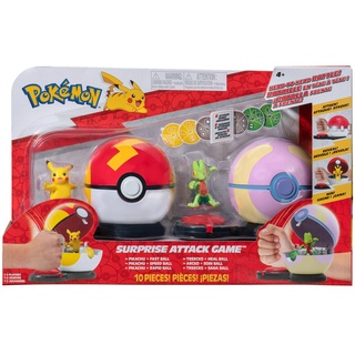 Pokémon Surprise Attack Game Pikachu vs. Geckarbor, offizielles Spielset mit Turboball mit Heilball