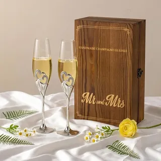 Inweder Sektgläser Geschenk Hochzeit: 2er Sektkelche Kristall mit Holz Geschenkbox für Brautpaar Silber Weingläser Mr & Mrs Trinkgläser für Verlobung Jubiläum Brautparty Braut Bräutigam Geburtstag