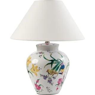BELIANI Tischlampe Weißer Porzellansockel Leinenglockenschirm mit Blumenmuster Beleuchtung Stilvoll - Weiß, Grün, Blau, Gelb, Rosa