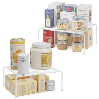 ROFAY Küchenschrank-Organizer und Aufbewahrungsregale, Metallgitter, Speisekammerregal für Arbeitsplatten und Schränke, erweiterbares Regal für Geschirr, Teller, Gewürze und Gläser, Weiß, 2 Stück