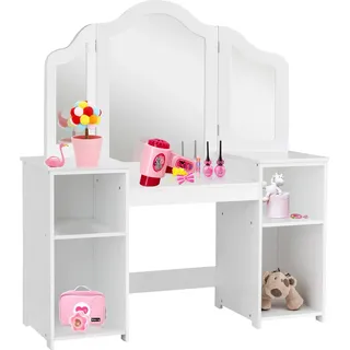 COSTWAY 2 in 1 Kinder Schminktisch Schreibtisch mit abnehmbarem Spiegel, Frisiertisch Mädchen mit offenen Fächern, Frisierkommode Holz, Schminkkommode weiß - Weiß