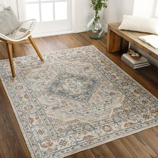 Surya Livabliss Manama waschbar in der Waschmaschine - Vintage Groß für Wohnzimmer 160x213 cm, Schlafzimmer, Küche - Orientalischer Boho e, Beige, Blau, Orange