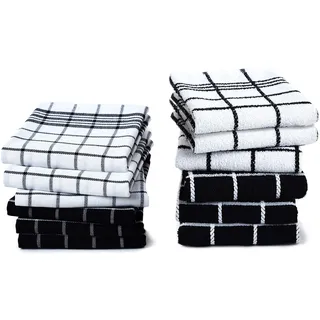 Encasa XO Küchenhandtücher und Geschirrtücher-Sets | Schwarze Kombination Hochsaugfähige Baumwoll-Frotteehandtücher | Vielseitig einsetzbar zum Geschirrspülen und Reinigen 12er-Satz