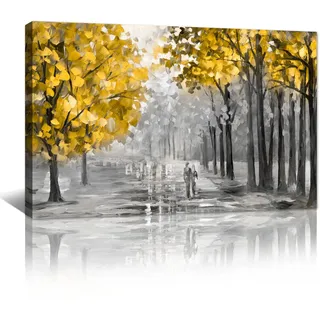 FajerminArt Herbstbaum Großes Leinwand Bilder mit Rahmen grau gelb Baum bild auf Leinwand Bild Modern Wandbilder XXL Kunstdruck Deko für Wohnzimmer Schlafzimmer fertig zum Aufhängen 90x60cm