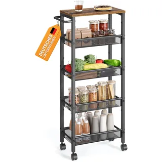 VASAGLE Rollwagen, Schmaler Küchenwagen mit 5 Ebenen, 45,4 x 22 x 99,6 cm | Nischenregal mit Rollen, für Küche und Bad, Rustikales Braun und Mattschwarz, DACEY Kollektion LRC035B01