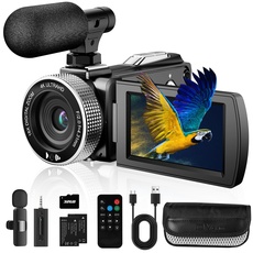 Vmotal 4K Videokamera, 48MP Foto/4K 60FPS Videorecorder, digitaler Camcorder für Vlogging auf YouTube, mit 2 Batterien/kabellosem Mikrofon/SD-Karte/Fernbedienung