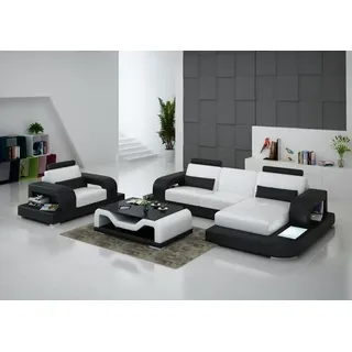 Ledersofa Couch Wohnlandschaft Eck + Sessel Garnitur Design Modern Sofa mit USB - Weiß