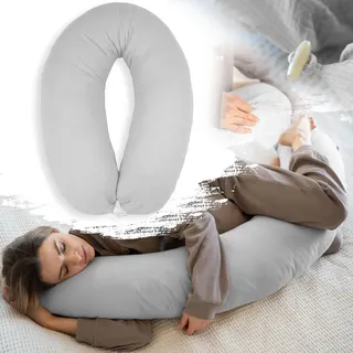 PaLulli® Ergonomisches XXL Stillkissen 190x30 cm mit Bezug aus Bio-Musselin Baumwolle - ideales Schwangerschafts- & Seitenschläferkissen, Komfort und Unterstützung für Erwachsene und Mütter (Grau)