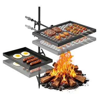 Lagerfeuergrill schwenkbar - Schwenkgrill mit Grillrost und Grillplatte - 360° Drehbar - Höhenverstellbar - Kohlenstoffstahl - Mit Grillständer für Camping und Garten