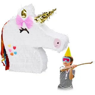 Relaxdays Pinata Einhorn , Weiß , Papier , 39.5x41.5x9 cm , Dekoration