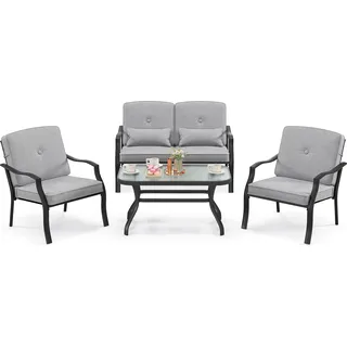 COSTWAY 4-tlg. Gartenmöbel Set inkl. 2 Stühlen, Bank, Tisch, Sitzgarnitur mit Kissen für 4 Personen - Schwarz, Grau