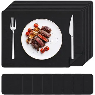 KitchenBoss Platzsets Abwaschbar Tischsets, 8er Platzdeckchen Lederoptik mit Untersetzer Hitzebeständig Doppelseitigen Wasserdicht, 43×30CM,Schwarz