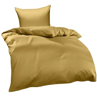 Bettwaesche-mit-Stil Mako Interlock Jersey Bettwäsche Garnitur Uni/enfarbig 100% Baumwolle 135x200 + 80x80, Gold