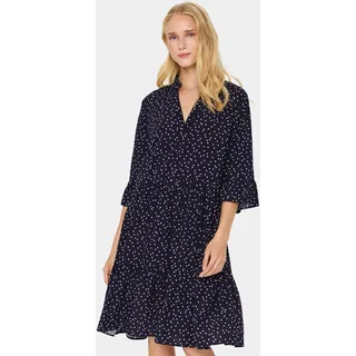 Blusenkleid SAINT TROPEZ "EdaSZ Dress", Damen, Gr. XS, N-Gr, blau (baritone ice mini hearts), Web, Obermaterial: 100% Viskose, gemustert, knieumspielend, V-Ausschnitt, Volant, Kleider Blusenkleid, Sommerkleid, Tunikakleid mit Volant und 3/4 Ärmel