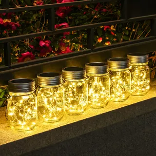 Solpex Solarlaterne für außen, Solarlampe, 6 Stück, Solarglas mit Lichtkette, 180 LED, Laterne hängend, Einmachglas, LED-Glas, IP44 Wasserdicht Gartenleuchte für Garten, Terrasse, Balkon, warmweiß