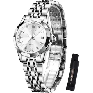 Kleine Gesicht Edelstahl Damen Kleideruhren, Luxus Diamant Analoger Quarz Watches for Women, Wasserdicht Damenuhr mit Datumsanzeige