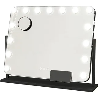 Homcom Hollywood Spiegel mit Beleuchtung, Schminkspiegel mit 14 LED Licht, 3 Lichtfarben, Kosmetikspiegel mit 10X Vergrößerung, USB-Ladeanschluss - Schwarz