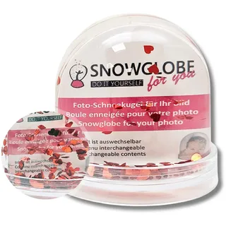 Foto-Schneekugel groß | mit Herzen rot | mit 2 x Bild Vorder- und Rückseite | Sockel transparent | B: 9 cm H: 8 cm | 2 Malvorlagen | Foto-Geschenk Liebe Bilderrahmen | 50009