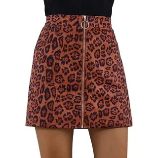 N /D Damen High Waist Reißverschluss Knopfleiste Vorne Casual A-Linie Kurz Mini Midi Faux Wildleder Rock mit Tasche