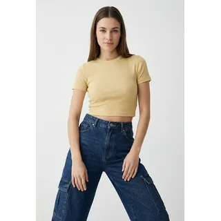 Kurzarmshirt ONLY "ONLBETTY S/S O-NECK SHORT TOP CC JRS", Damen, Gr. L, beige (sunlight), Jersey, Obermaterial: 95% Baumwolle, 5% Elasthan, unifarben, regular fit bauchfrei, Rundhals, Shirts Kurzarmshirt, softe Jerseyqualität