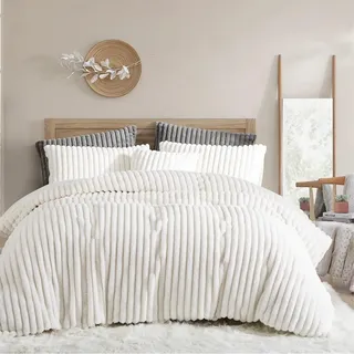 Sedefen Winter Bettwäsche 135x200 cm Weiß Flauschig Plüsch Kunstfell Flanell Biber Wendebettwäsche Shaggy Gestreift Bettbezug und 1 Kissenbezug 80x80cm mit Reißverschluss