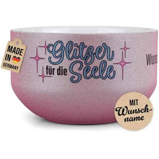 Print Royal PR Glitzer Müslischale mit Name selbst gestalten - Glitzer für die Seele - Personalisierte Schüssel bedrucken - Individuelle Geschenke für Freundinnen - Keramik, Pink 500 ml