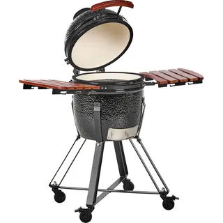 BELIANI Holzkohlegrill Schwarz aus Keramik Kamado Stil auf Rollen mit Deckel Thermometer Grillrost Outdoor BBQ Gartenzubehör Standgrill - Schwarz, Braun