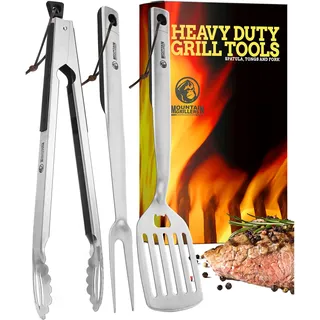 Mountain Grillers Grill Zubehör Set 3er-Pack Langlebiges Edelstahl Grillbesteck Set mit Zange, Pfannenwender und Fleischgabel - Perfekt als Grillbesteck Set mit langem Griff für Männer