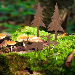 KOOOGEAR Gartenstecker Hirsch mit Tannen 4er Set, Weihnachtsdeko in Rostoptik, Gartendeko Rost Metall, Deko Rehe und Hirsche zum Stecken – Wetterfeste Weihnachtsdeko Roststecker