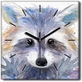 Coloray Uhr auf Leinwand 30x30 cm Wand Uhr Dekoration Wohnzimmer Segeltuch schwarze Hände -Aquarelle Waschbär - Bunt
