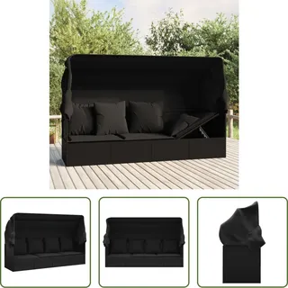 The Living Store Outdoor-Loungebett mit Dach und Kissen Schwarz Poly Rattan - Schwarz