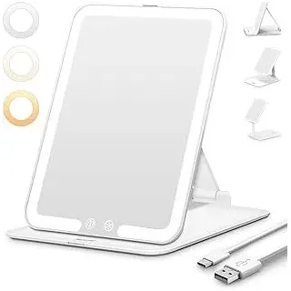 Auxmir Kosmetikspiegel mit Beleuchtung, Ultra Dünn Schminkspiegel mit 3 Lichtfarben, LED Spiegel mit Beleuchtung, USB Wiederaufladbar Tischspiegel Reisespiegel für Schminktisch, Reise, Weiß