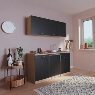 Respekta Miniküche , Schwarz, Eichefarben , Holzwerkstoff , 1,1 Schubladen , seitenverkehrt montierbar, nur wie online abgebildet bestellbar , 150 cm , Made in Germany , links aufbaubar, rechts aufbaubar , Küchen, Küchenzeilen & Küchenblöcke, Küchenzeilen