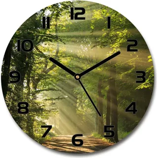 Wanduhr aus Glas 30fi Glasbild Glasuhr Gehärtetes Glas - schwarze-zeiger - Forest in the sun - Grün