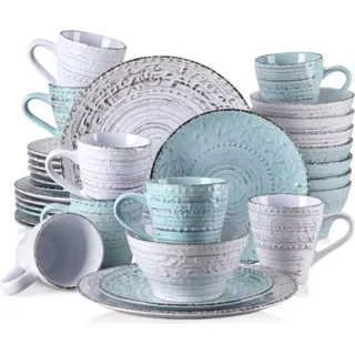 Crystal Serviesset – Tafelservice – 8 Personen – 32-teilig – Keramisch – Frühstücksteller – Weiß/Blau – Hochwertige Qualität