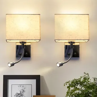 ZMH Wandleuchte Innen Wandlampe Schlafzimmer -2ER Wandstrahler LED Leselampe 360°Schwenkbar Quadratisches Stoffschirm Design Wandbeleuchtung mit Schalter E27 Modern Beleuchtung für Flur Bett