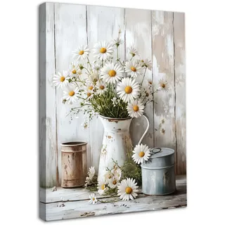 Dazzlewall Gänseblümchen Blüten Wandkunst, Vintage Rustikale Botanische Leinwanddruck für Landhaus Badezimmer Schlafzimmer Wohnzimmer Mit Rahmen 30x40 cm