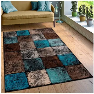 Paco Home Teppich Wohnzimmer Ausgefallene Farbkombination Karo Türkis Braun Creme, Grösse:80x150 cm