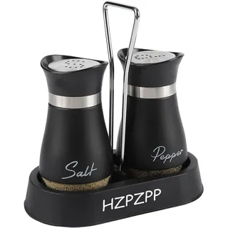 HZPZPP Salz- und Pfefferstreuer Set – 2 Stück Salzstreuer aus Glas mit Edelstahl-Deckel und Halter für Küche, Esstisch, BBQ und Camping (Schwarz)