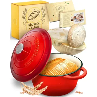 krustenzauber Gusseisen Topf [inkl. Gärkorb] - Hochwertiger Emaille Topf 26cm - Idealer gusseiserner Brottopf zum Backen, Gusseisentopf Brotbacken - Rot