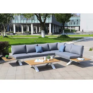 Mendler Aluminium Garten-Garnitur HWC-M62, Sitzgruppe Garten-/Lounge-Set Sofa, Holzoptik ~ Gestell weiß, Polster hellgrau