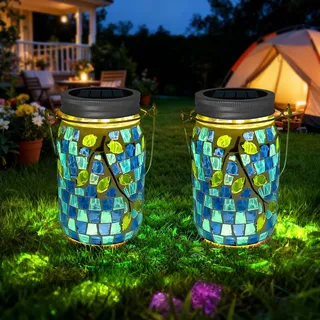 TOTHDATE 2PCS Solar Mosaik Leuchte für Außen, On/Off Glas Mosaik Hängend Licht Solarlaterne Tischleuchte IP65 Wasserdicht für Rasen Pfad Hof Deck Boden Teich, Blatt Mosaik