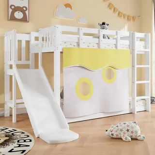 Etagenbett Kinderbett 90x200 Weiß mit Rutsche Treppe und Bettvorhang Hochbett Spielbett aus Kiefernholz ohne Matratze Rausfallschutz Treppenregal - Weiß